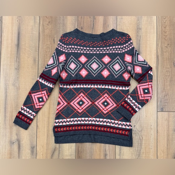 Talbots Sweaters - Talbots Geometric Knit Sweater - Pink and Gray with Hearts Petite Small